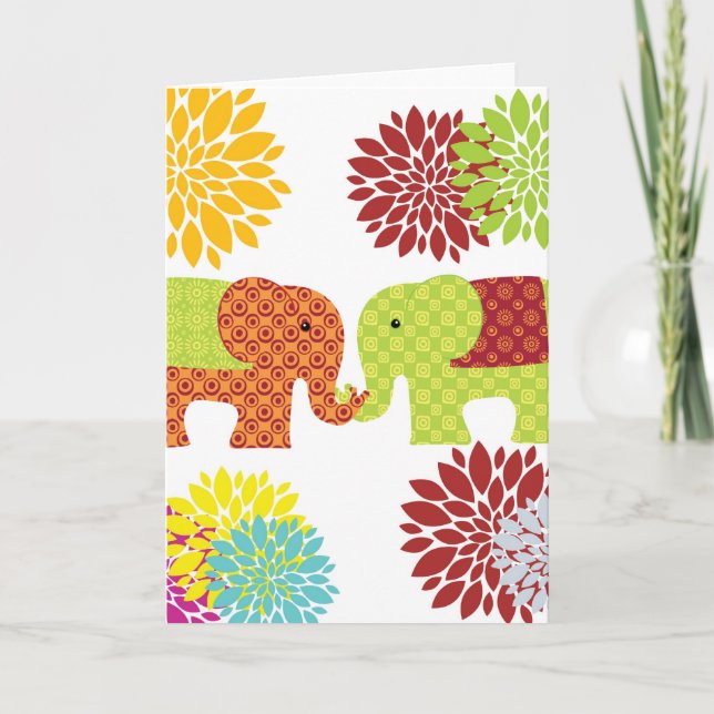 Pretty Elephants in Love Holding Trunks Flowers Holiday Card (Front)
