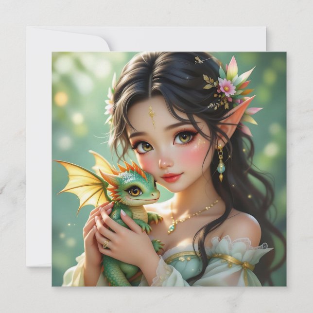Pretty Elven Fairy & Dragon Ethereal Card (Front)