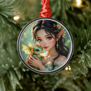 Pretty Elven Fairy & Dragon Ethereal Christmas Metal Tree Decoration
