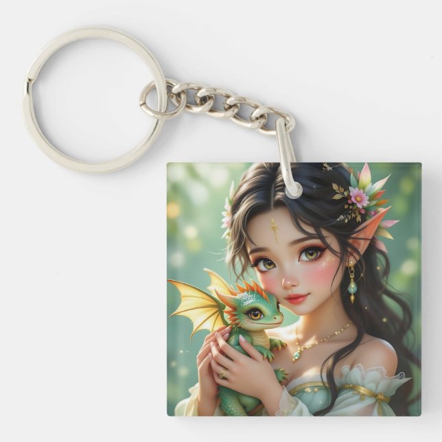 Pretty Elven Fairy & Dragon Ethereal Personalized Key Ring (Front)