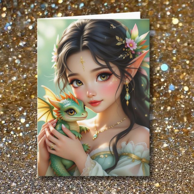 Pretty Elven Fairy & Dragon Themed Girl's Birthday Card (Creator Uploaded)