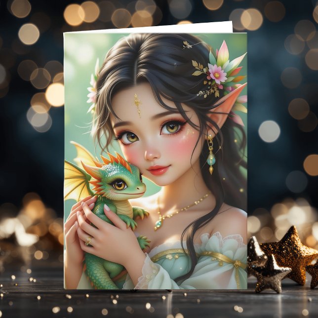 Pretty Elven Fairy & Dragon | Thinking About You Card (Creator Uploaded)