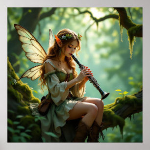 Pretty Elven Fairy Playing Clarinet Poster