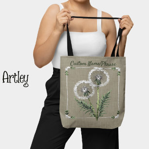 Pretty Embroidery Style Dandelions Custom Name Tote Bag