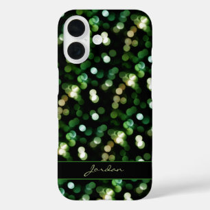 Pretty Emerald Green & Gold Sparkle Lights w/ Name iPhone 16 Case