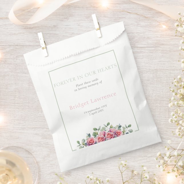 Pretty eucalyptus pink roses funeral seed packet favour bags (Clipped)
