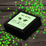 Pretty face of cat in black Green Eyes Whiskers Gift Box<br><div class="desc">This wood gift box for trinkets,  jewellery,  or gift giving has the pretty face of a cat drawn in black with intense green eyes and long whiskers on a light green background.  Customise your text with the template.</div>