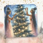 Pretty Fairies  Decorating the Christmas Tree Square Sticker<br><div class="desc">Illustration of African-American fairies or angels decorating a Christmas tree in a winter wonderland. Beautiful ethereal fairytale background.</div>