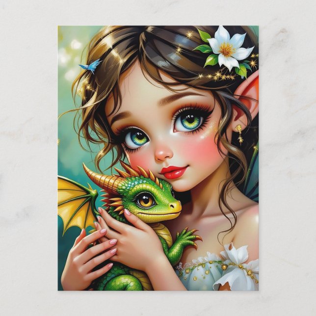 Pretty  Fairy and Dragon Themed Girl's   Postcard (Front)