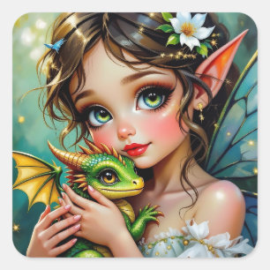 Pretty Fairy and Dragon Themed Girl's Square Sticker