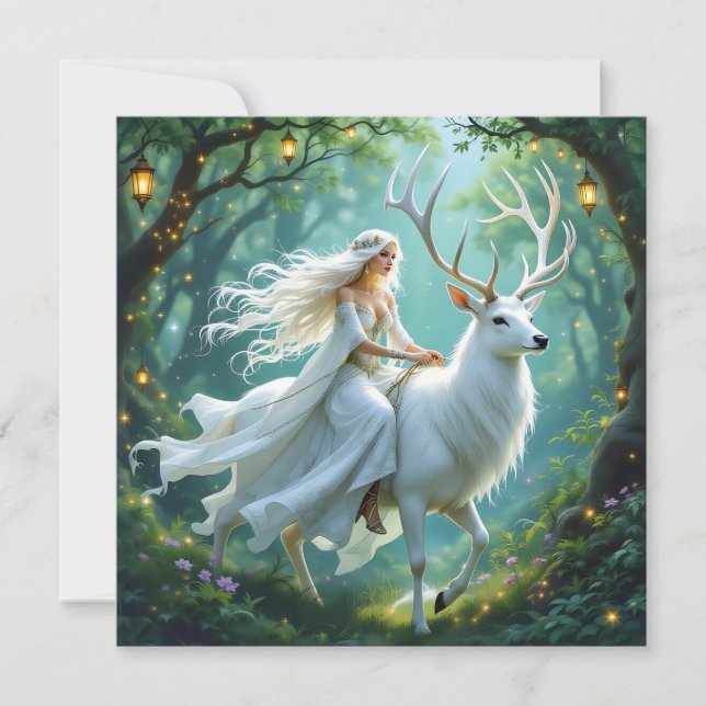 Pretty Fairy and White Deer in Enchanted Forest Card (Front)