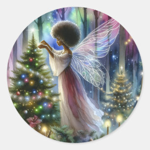 Pretty Fairy Decorating the Christmas Tree Classic Round Sticker