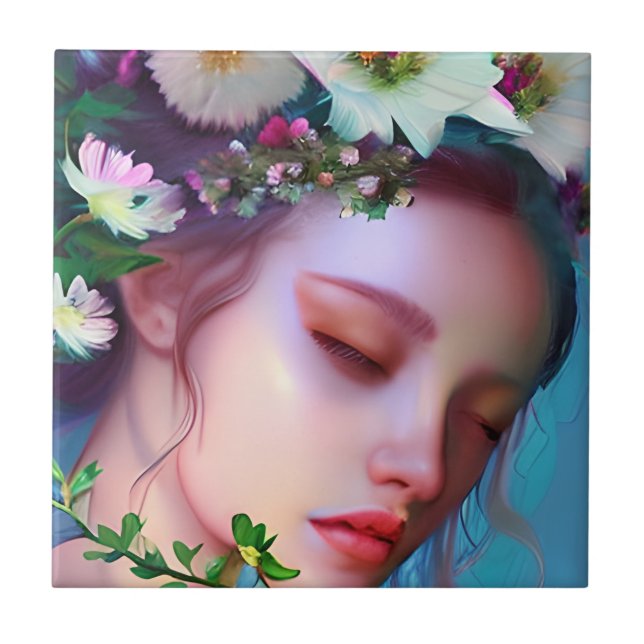 Pretty Fairy Flowers in Hair Fantasy Art   Tile (Front)