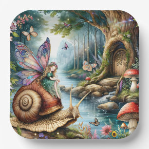 Pretty Fairy Land with cute Snail and Butterflies Paper Plate