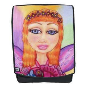 Pretty Fairy Purple Wings Red Hair Holding Flowers Backpack