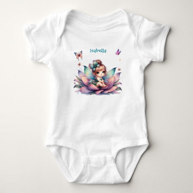 Pretty fairy sitting inside flower  baby bodysuit (Front)