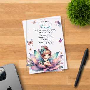 Pretty fairy sitting inside flower baby shower acrylic invitations