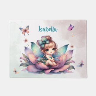 Pretty fairy sitting inside flower doormat