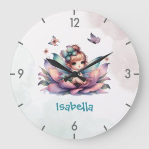 Pretty fairy sitting inside flower large clock