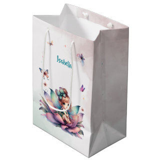 Pretty fairy sitting inside flower medium gift bag