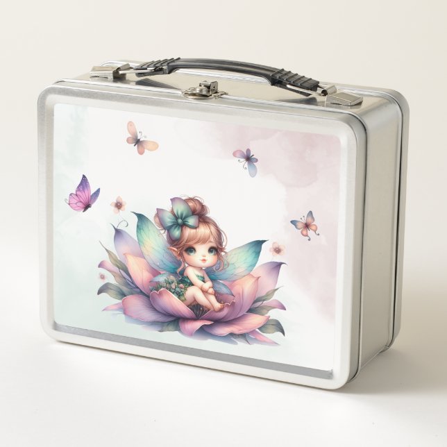 Pretty fairy sitting inside flower metal lunch box (Front)