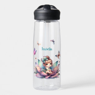 Pretty fairy sitting inside flower water bottle