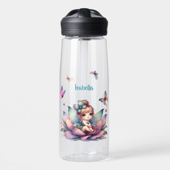 Pretty fairy sitting inside flower water bottle (Front)