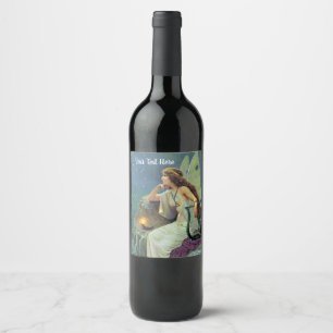 Pretty Fairy White Dress on Cliff With Harp Candle Wine Label