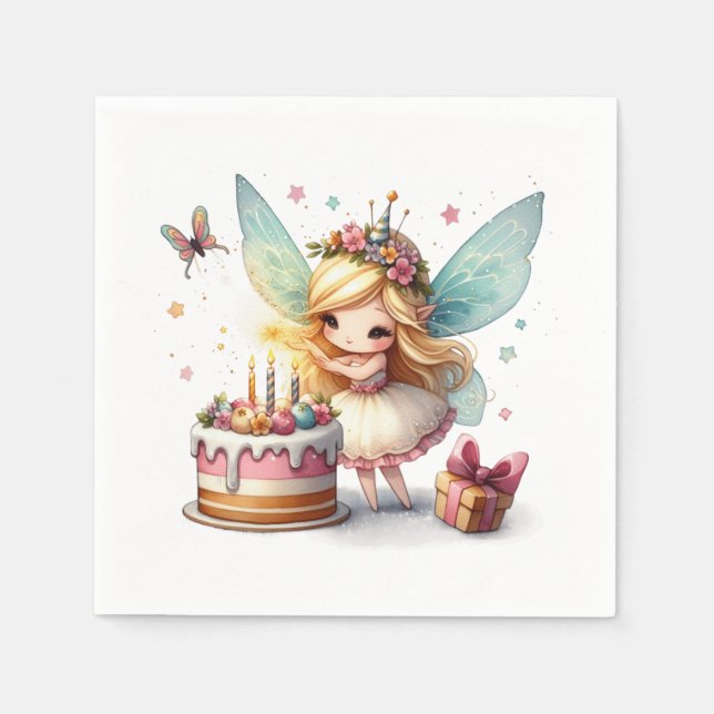 Pretty Fairy With Birthday Cake Napkin (Front)