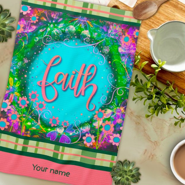 Pretty Faith Floral Your Name Plaid Stylish Tea Towel (Creator Uploaded)