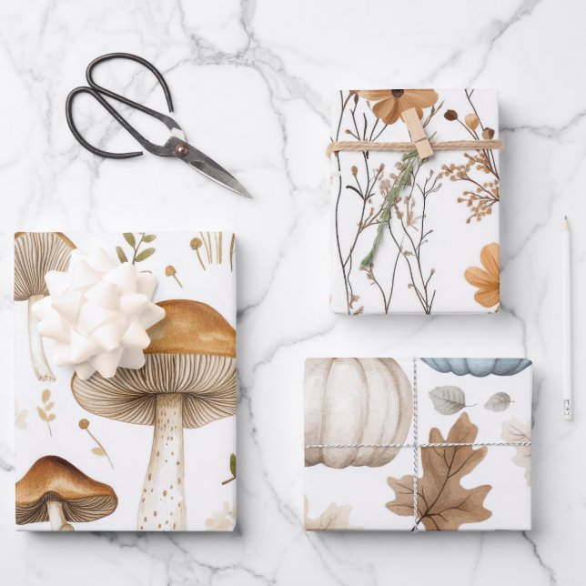 PRETTY FALL BROWN MUSHROOMS AND FLOWERS WRAPPING PAPER SHEET (Front)