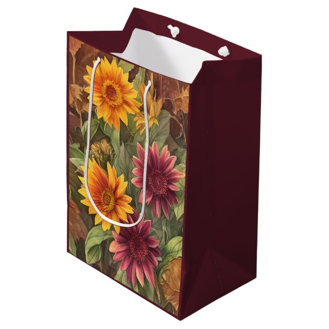 Pretty Fall Flowers and Leaves Autumn Floral Medium Gift Bag (Front Angled)