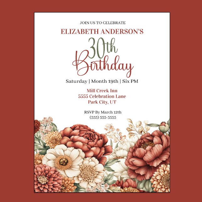 Pretty Fall Peony 30th Birthday Invitation (Pretty Fall Peony 30th Birthday Invitation For Women.)