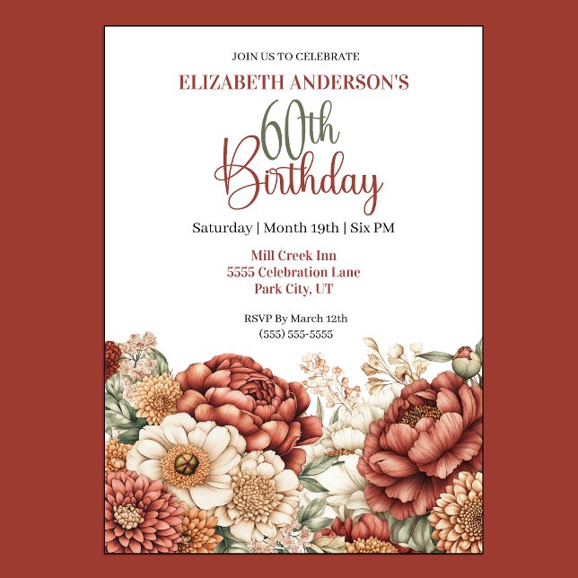 Pretty Fall Peony 60th Birthday Invitation (Pretty Fall Peony Floral 60th Birthday Invitation For Women.)