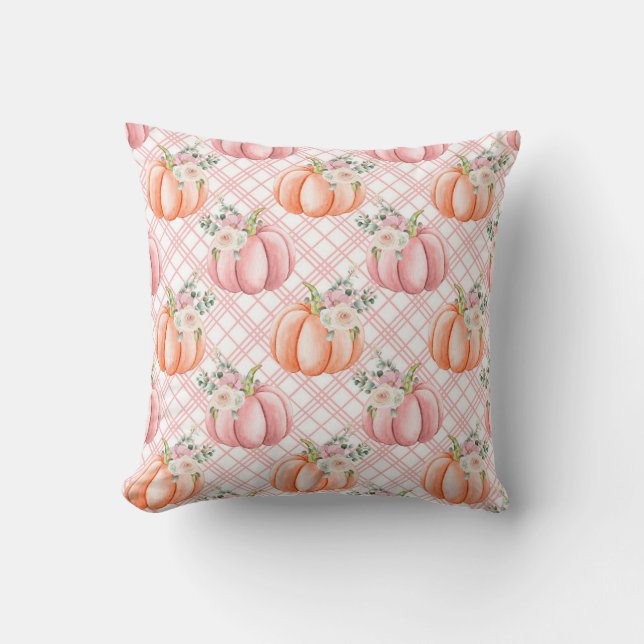 Pretty Fall Pink Watercolor Pumpkin Pillow (Front)