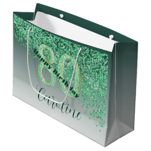 Pretty Falling Green Glitter 80th Birthday Large Gift Bag