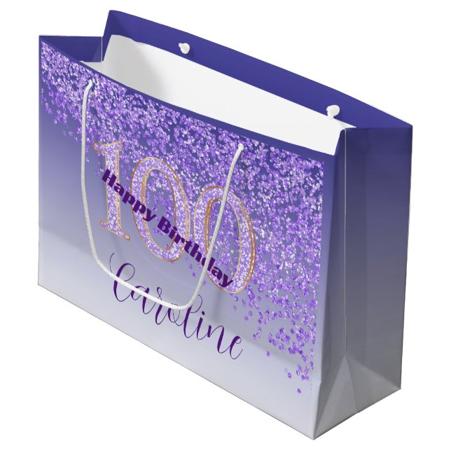 Pretty Falling Purple Glitter 100th Birthday Large Gift Bag (Front Angled)