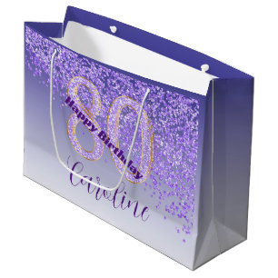 Pretty Falling Purple Glitter 80th Birthday Large Gift Bag