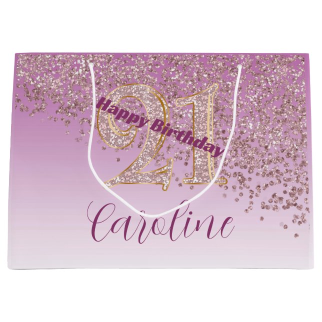 Pretty Falling Rose Gold Glitter 21st Birthday Large Gift Bag (Front)