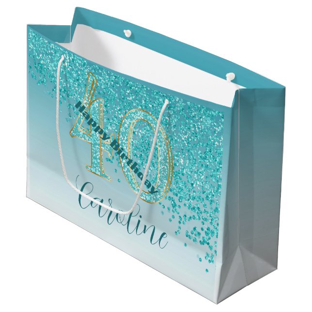 Pretty Falling Teal Blue Glitter 40th Birthday Large Gift Bag (Front Angled)