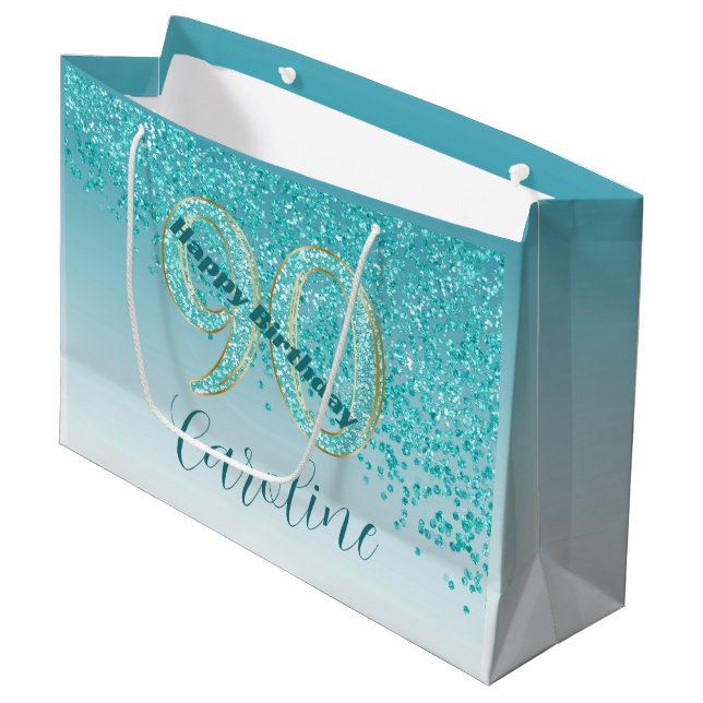 Pretty Falling Teal Blue Glitter 90th Birthday Large Gift Bag (Front Angled)