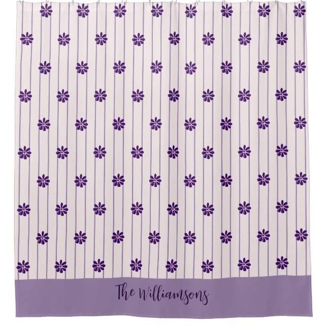 Pretty Family Name Blush & Violet Stripes, Flowers Shower Curtain (Front)