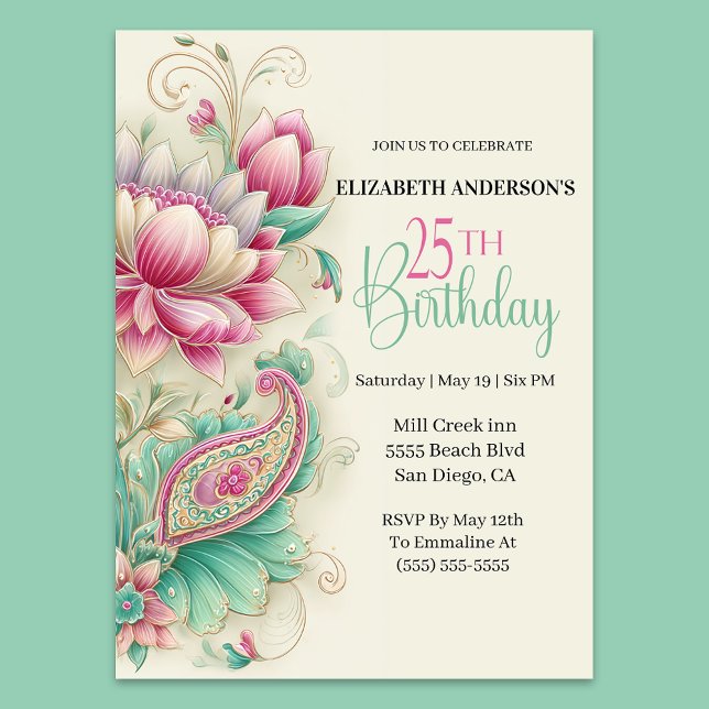 Pretty Fancy Paisley Flower 25th Birthday Invitation (Creator Uploaded)