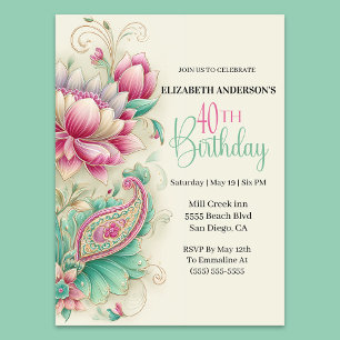 Pretty Fancy Paisley Flower 40th Birthday Invitation