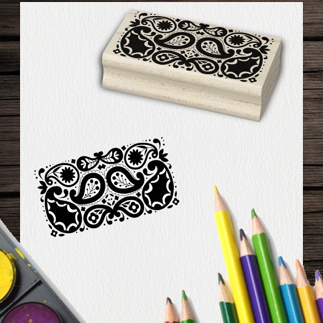 Pretty Fancy Paisley Pattern Flowers Tear Drops Rubber Stamp (Abstract paisley design with tear drops, scalloped edges and flowers on craft rubber stamp.)