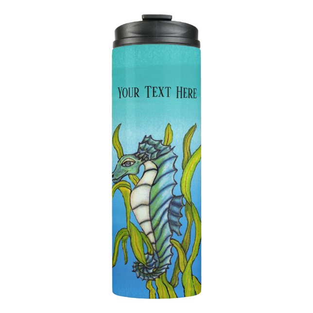 Pretty Fantasy Blue Green Seahorse in Seaweed Thermal Tumbler (Front)
