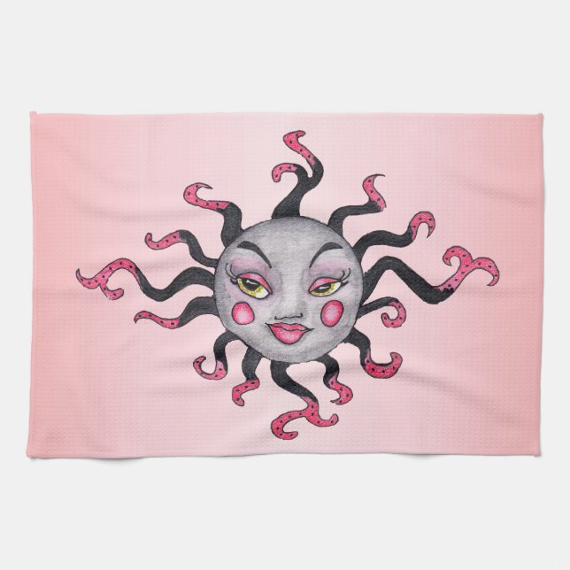 Pretty Fantasy Lady Sun Grey Face Pink Lips Cheeks Tea Towel (Horizontal)