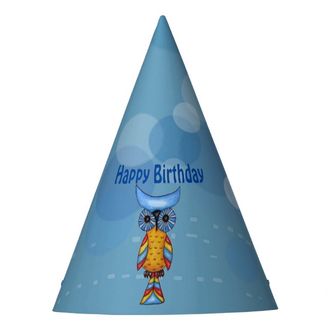 Pretty Fantasy Owl Blue Head Eyes Colourful Feathe Party Hat (Front)