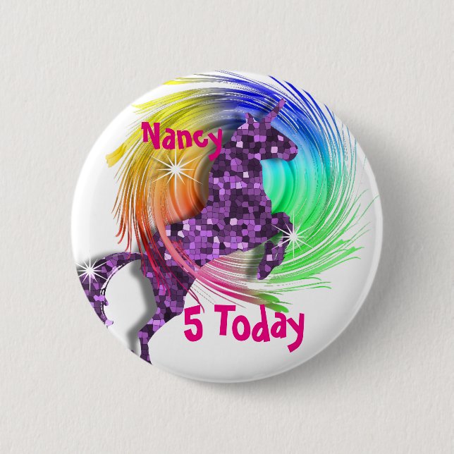 Pretty Fantasy Rainbow Unicorn Personalised Age 6 Cm Round Badge (Front)