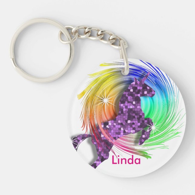 Pretty Fantasy Rainbow Unicorn Personalised Key Ring (Front)